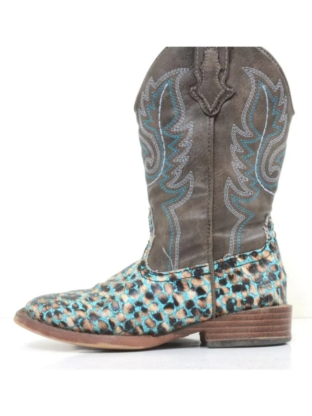 Roper Girls' 11 Glitter Teal Leopard Western Boots - Square Toe Cowgirl